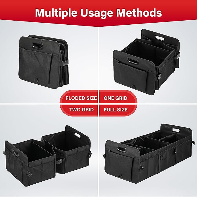 Simple Deluxe Trunk Organizer for Car, 95L Large Capacity, Collapsible Multi Compartment Automotive SUV Accessories, Adjustable Strap & Non Slip Bottom, for Travel/Home/Office, Black Newv