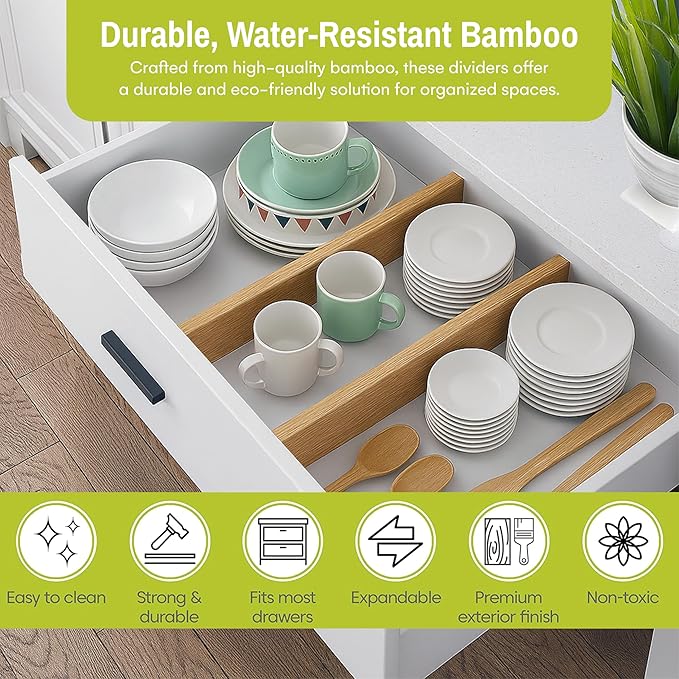 Homemaid Living Bamboo Drawer Dividers Adjustable & Expandable, Kitchen Drawer Organizer, Ideal for Silverware, Dresser Drawers Organizer or Bedroom & Bathroom Drawers Organizers (8pk)