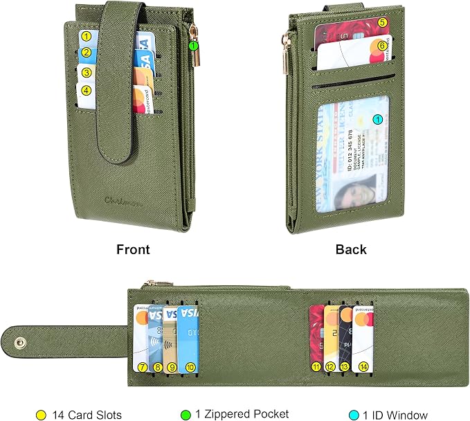 Chelmon Womens Wallet Slim RFID Blocking Bifold Multi Card Case Wallet with Zipper Pocket (Green Army)