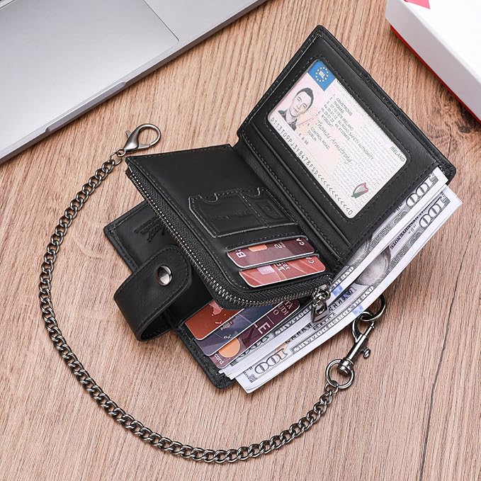 bill heart Chain Wallets for Men, RFID Blocking Genuine Leather Wallets with Anti-Theft Chain