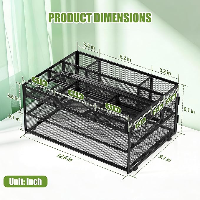 3-Tier Letter Paper Tray Desk Organizer, Black Desktop File Rack Holder with 3 Drop in Pencil Holder and Sliding Tray for Office Classroom and Home Supplies Organization Storage
