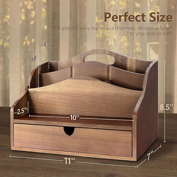 Rebee Vision Acacia Wood Mail Organizer for Desk – Farmhouse Countertop Mail Holder with Drawer for Office Accessories –Rustic Desktop Organizer for Home Decor (Acacia Wood)