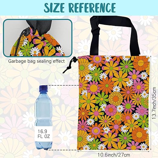 Car Garbage Bag Colorful Vintage Groovy Flowers Drawstring Car Trash Bag Hanging for Back Seat with Adjustable Buckle Canvas Vehicle Trash Can Easy-to-Install