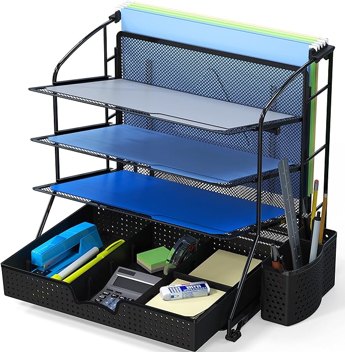 Simple Houseware Desktop Document Tray Organizer with Sliding Drawer/Caddy/Hanging File Section, Black