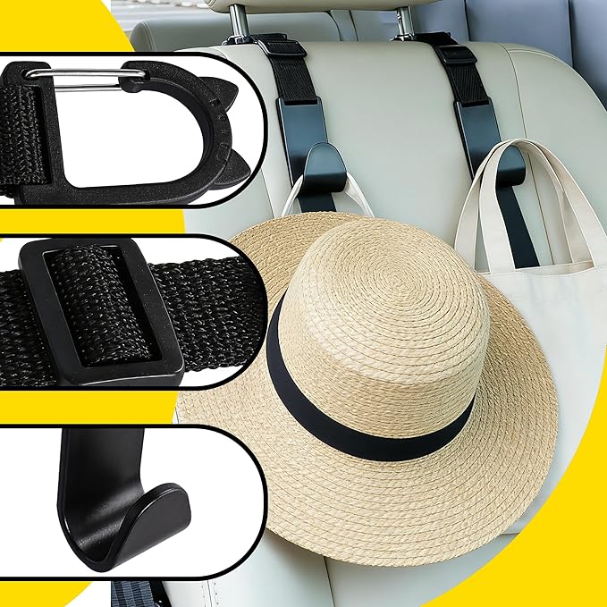 Adjustable 4-Pack Car Headrest Hooks Cute Cat Pattern Universal Seat Back Organizer with Clip for Purses Bags Groceries Black