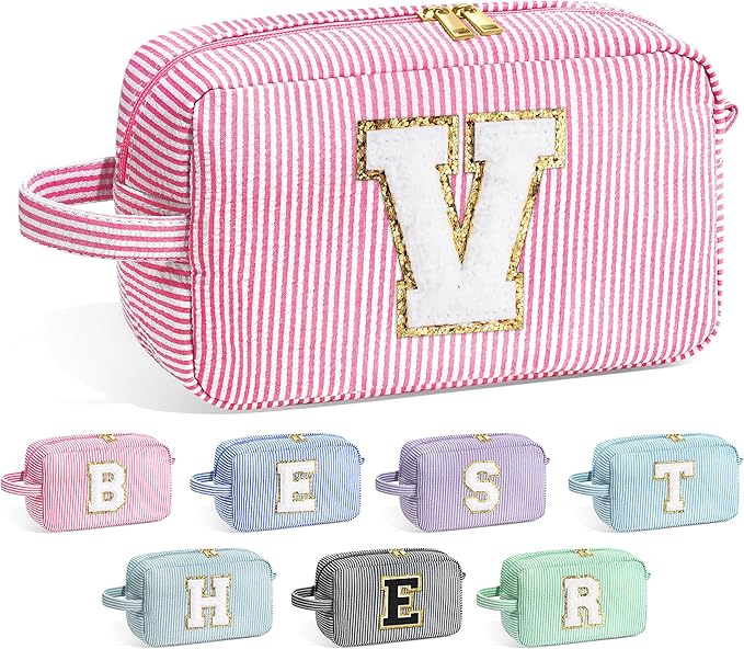YOOLIFE Initial Makeup Bag for Women - Monogram Cute Makeup Bag Cosmetic Case Toiletry Pouch for Women Her Best Friend Sister Teacher, Personalized Birthday Gifts for Women, Pink V