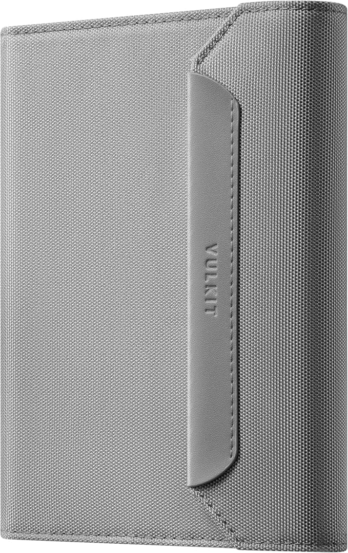 VULKIT RFID Blocking Leather Passport & Card Holder, Dual Person Travel Passport Wallet with Secure Magnetic Closure, Grey