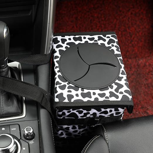 AOKJOY Car garbage can with lid Leak Proof Vehicle Trash Can 3 Storage Pockets Hanging Waterproof car trash bag for suv cow
