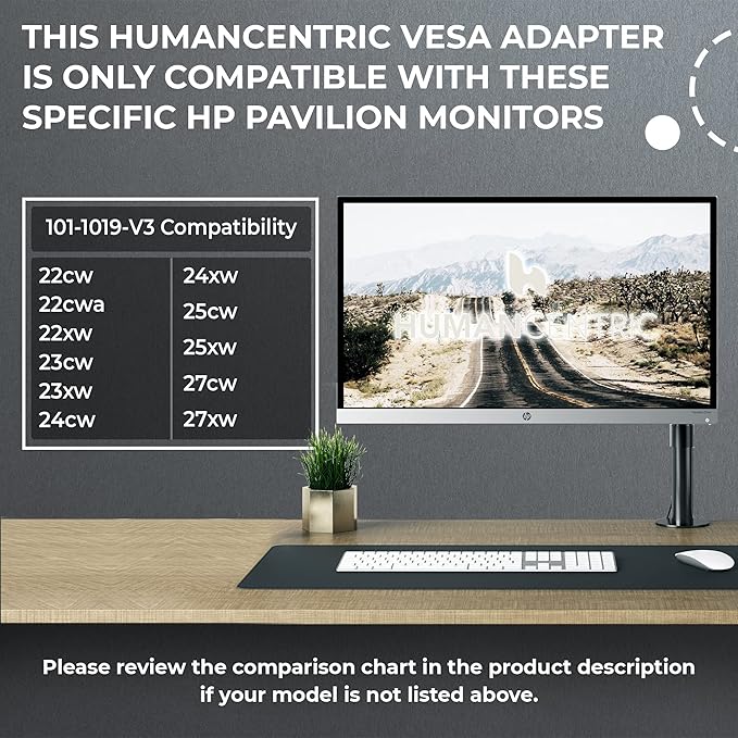 HumanCentric VESA Mount Adapter Compatible with HP Pavilion 27xw, 25xw, 24xw, 23xw, 22xw, 22cwa, 27cw, 25cw, 24cw, 23cw, and 22cw Monitors, Works with 75x75 and 100x100mm Patterns Hardware Included