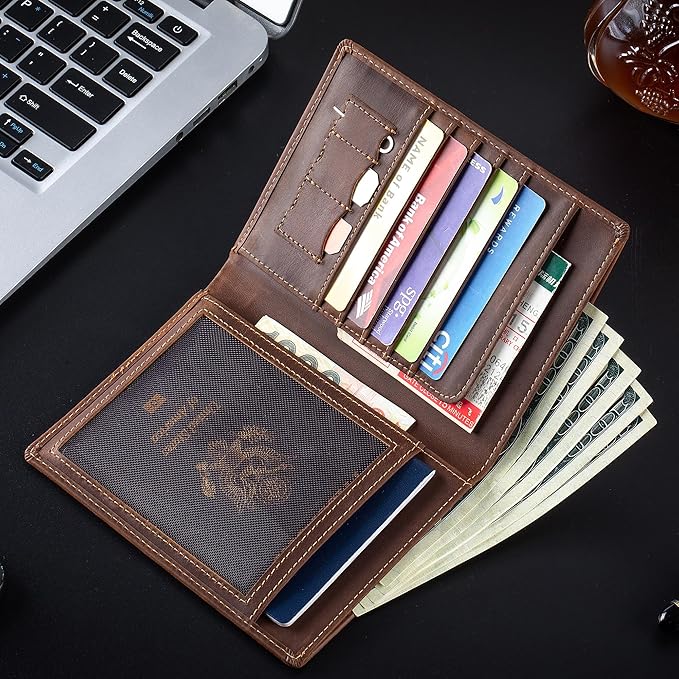 Genuine Leather Passport Holder for Travel Men and Women, Bifold Slim RFID Blocking Wallet with 2 Passport Slots, 5 Card Slots, Cash Pocket & SIM Ejector Vintage Crazy Horse Leather (Coffee, Small)