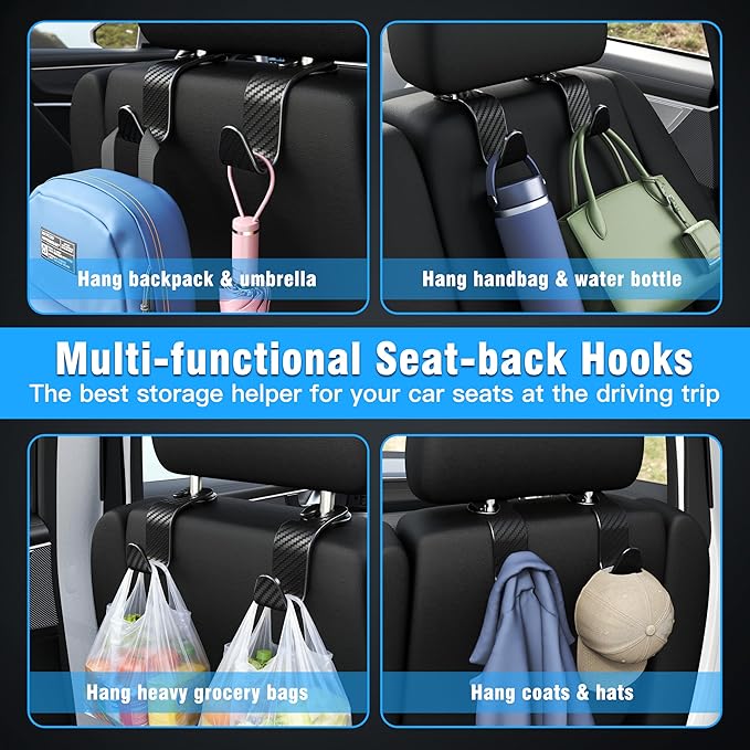 Amooca 4-Pack Car Headrest Hooks Vehicle Storage Organizer for Purses Handbags Groceries Coats –Holds 55lbs 360° Rotating Simple Design Black Checkered