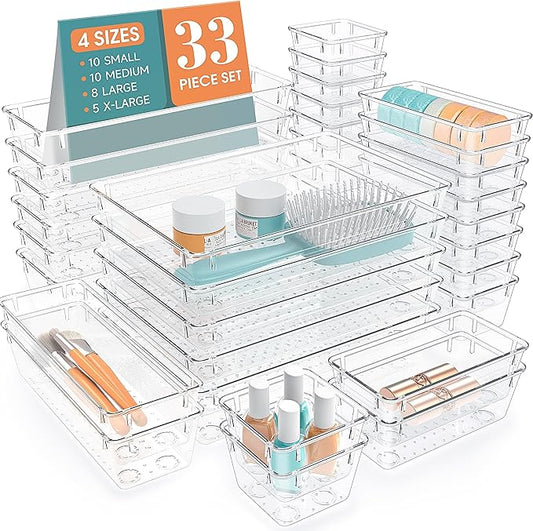 StorMiracle 33 PCS Clear Plastic Drawer Organizers Set, 4 Size Desk Drawer Organizer Trays for Makeup, Jewelry, Kitchen Utensils, Gadgets and Office Accessories
