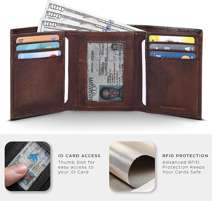 Tri fold Leather Wallet for Men with RFID | Slim Wallets for Men with 1 ID and 6 Credit card slots | Front Pocket Minimalist