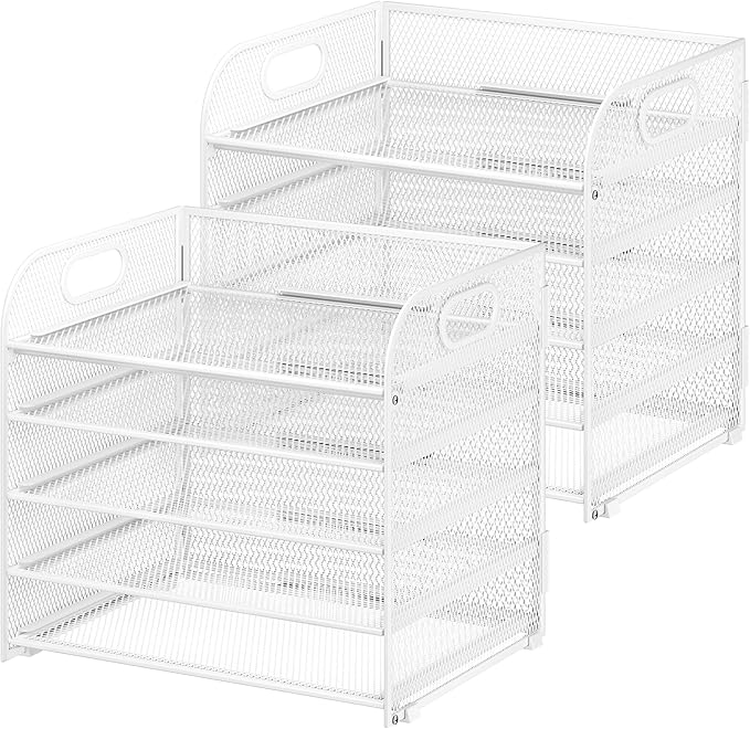 Cawukege 2 Pack 5 Tier Paper Organizer, Letter Tray with Handle, Mesh Desk Organizer, Metal File Organizer, Office Desk Accessories for Home, Office, Classroom, School -White