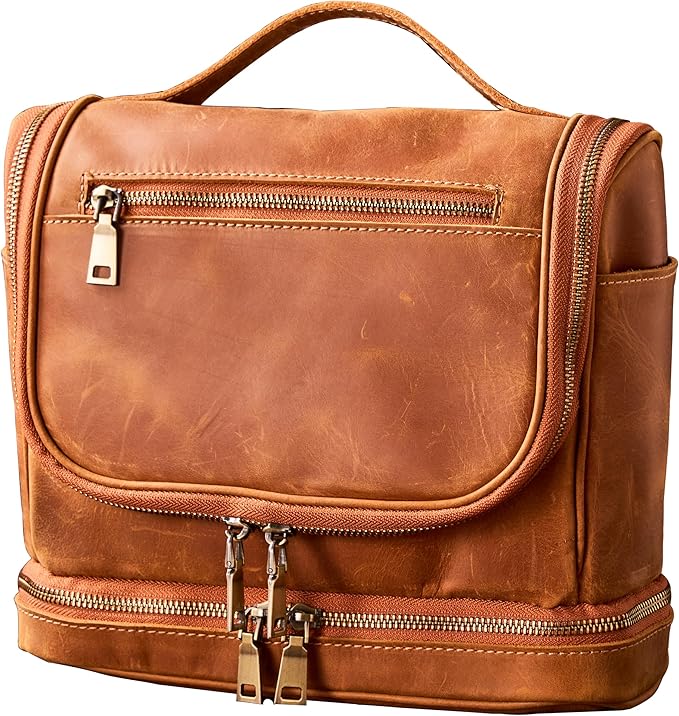 EURYNOME Travel Toiletry Bag For Men, Genuine Leather Shaving Dopp Kit Bottom Storage Holds More (11x8.6x4.7)-Mens Toiletry Bag -Leather Makeup Cosmetic Organizer Kit - Men Travel Toiletries Bag