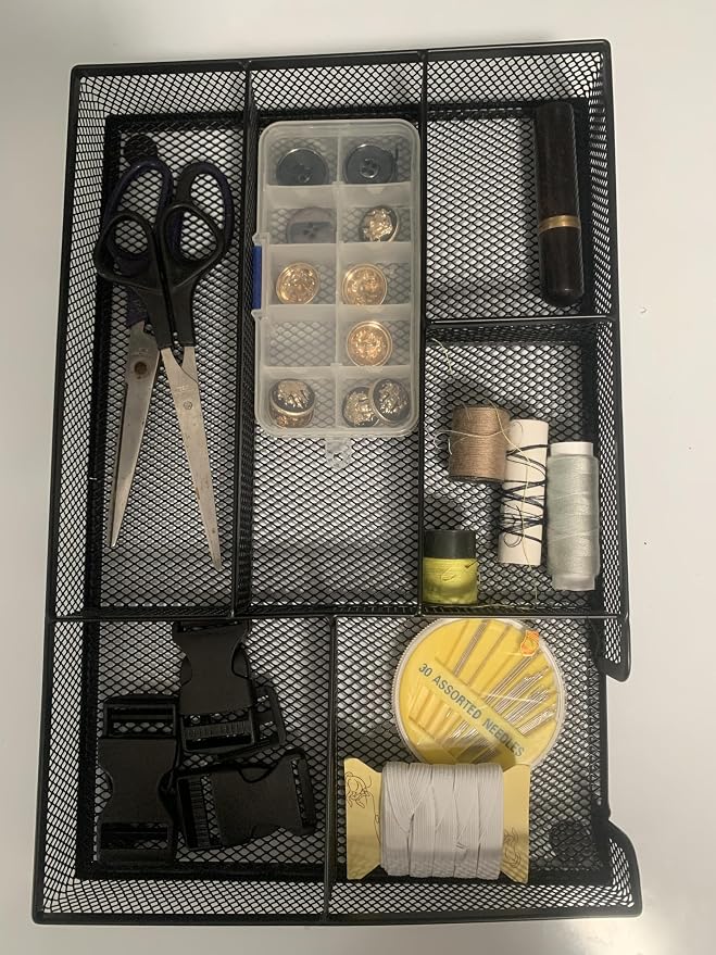 Desk Drawer Organizer tray, Mesh Drawer Organizer Tray for Office, School or Home Supplies Desktop Storage Stationery,bathroom,kitchen, 6 Compartments, 12.6 x 8.27 x 1.57 inch, Black