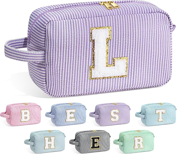 YOOLIFE Birthday Gifts for 6 7 8 9 10 11 12 13 14 15 Year Old Teen Girl - Initial Makeup Bag Letter Toiletry Pouch Cosmetic Case, Personalized Teen Girl Gifts Trendy Stuff Party Favor, Purple L