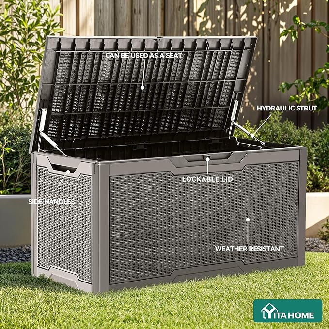YITAHOME 100 Gallon Outdoor Storage Box, Large Water Resistant Resin Deck Box, Indoor Outdoor Lockable Storage Container for Patio, Garden, Cushions, Tools, Equipment (Taupe)