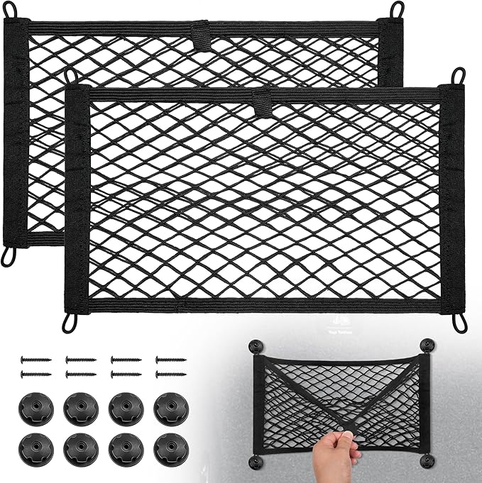 BUMBEE Mesh Cargo Net, Envelope Netting, Elastic Pocket Pouch Bungee Organizer for Car Seat Back RV Wall Trunk, Hooks & Screws Included(17.7'' x 9.8'')