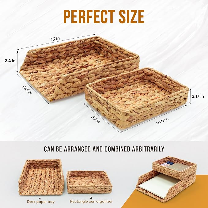 HAMOTOPI Desk Organizer Letter Tray Set of 2, Woven Water Hyacinth Tabletop Desktop for Storage Paper Letter Folders Notebooks Copy Print, Workspace Holder, Keep Stationery Saver