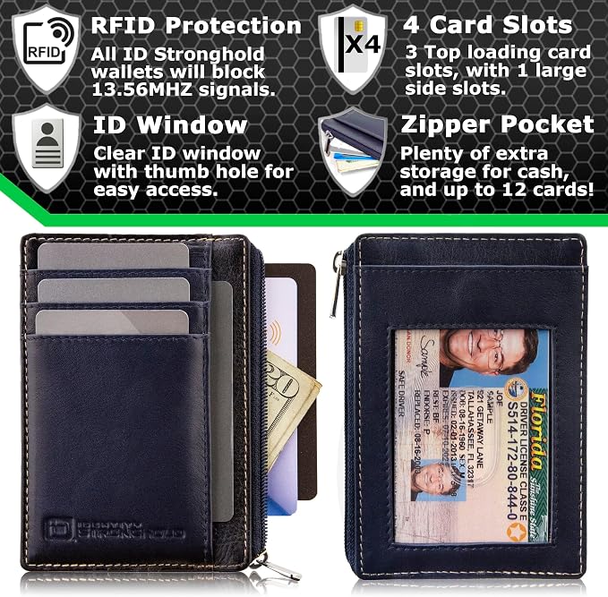 ID Stronghold RFID Blocking Front Pocket Wallet – Slim Minimalist Genuine Leather Wallet with Zipper Coin Pocket (Blue)
