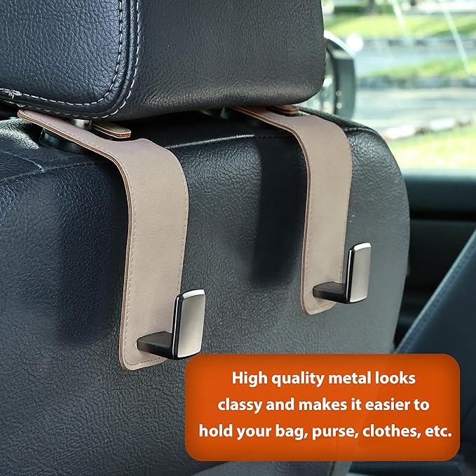 Car Seat Back Hook Metal with Suede Universal Vehicle Headrest Hangers Interior Storage Organizer for Purse Handbag Coat Grocery Bags 2 Pack Beige