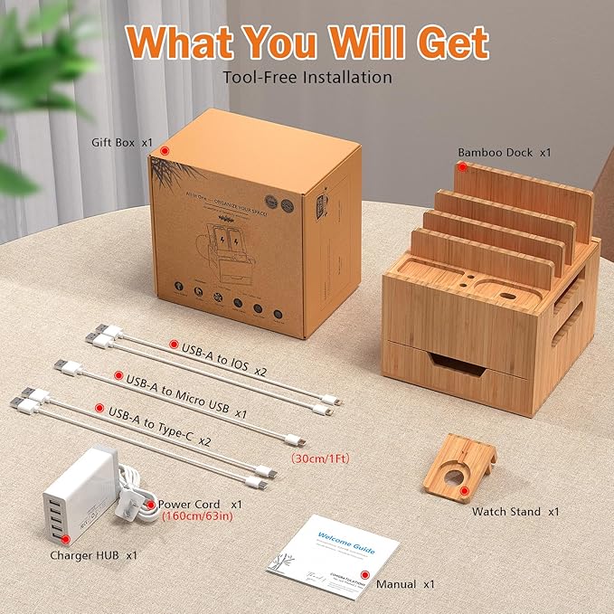 Pezin & Hulin Multi Device Charging Station, with Charger HUB Adapter, All in One Large Dock Organizer with Drawer Storage, Compatible with Phones, Tablets, Earbuds (5 Mixed Cables Included)