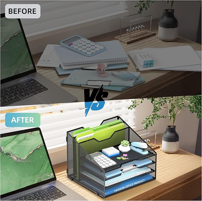 SUPEASY Desk File Organizer, Mesh Paper Tray Organizer with 4 Letter Trays and 2 Vertical File Holders, Desk Organizers and Accessories for Home Office, Black
