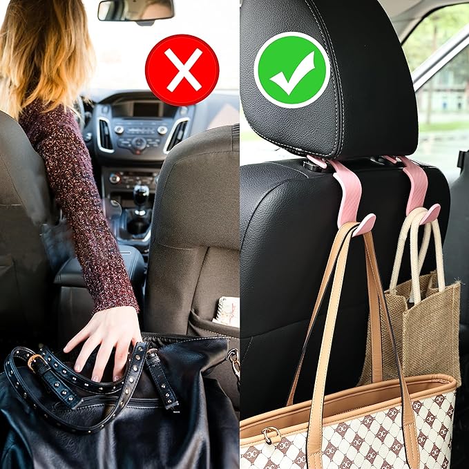 Car Seat Headrest Hook Universal Vehicle Seat Hook Hangers Interior Storage Organizer for Purse Handbag Coats Umbrellas Grocery Bags 4 Pack Pink