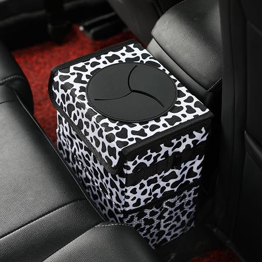 AOKJOY Car garbage can with lid Leak Proof Vehicle Trash Can 3 Storage Pockets Hanging Waterproof car trash bag for suv cow