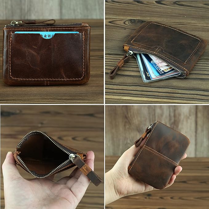 Genuine Leather Coin Purse Pouch for Women Men Vintage Cowhide Grain Leather Slim Mini Wallet Metal Zipper with Real Leather handle (Dark Brown)