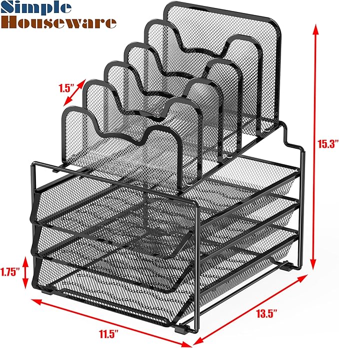 Simple Houseware Desk Organizer with 3 Sliding Tray and 5 Stacking Sections, Black