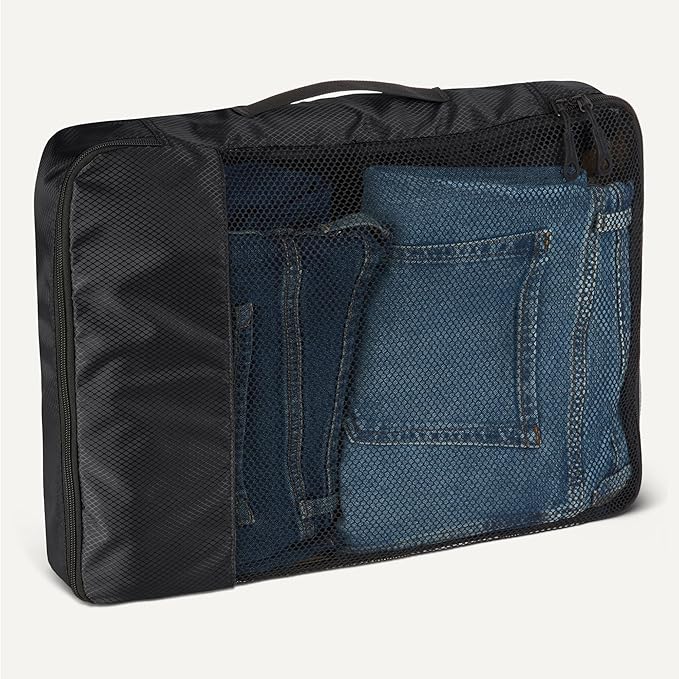 Amazon Essentials 4-Piece Packing Cubes Travel Accessories Set, Luggage Organizer with Double Zipper, Mesh Top, Space-Saving, Large, Black (Previously Amazon Basics)