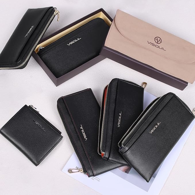 VISOUL Womens Leather Long Zip Around Clutch Wallet with Coin Pocket 12 Card Slots, Slim Thin RFID Blocking Cash Wallets for Women Large Capacity Organizer (Black and Ivory)