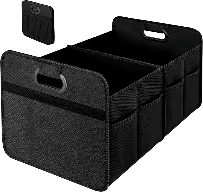 YSSOA 2 Compartments Car Trunk Organizer, 600D Oxford Polyester Car Storage, Anti-slip 14" D x 22" W x 12" H Collapsible Trunk Storage, Suitable for SUV, Minivan, Truck, Black New