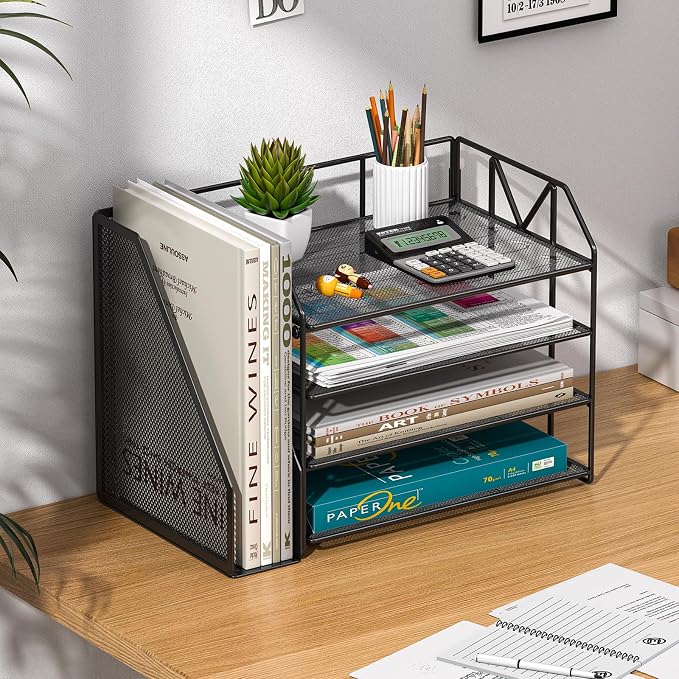 4-Tier Paper File Organizer with Bookend, Metal Desk Organizer, Tiered Paper Tray for Letter/A4 Files, Desktop Office Supplies Storage Rack for Home Office, Classroom, School & Work, Black