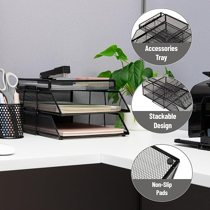 Mind Reader 2 Tier Paper Tray with Top Supply Compartment, Desktop File Organizer, Metal Mesh, Black
