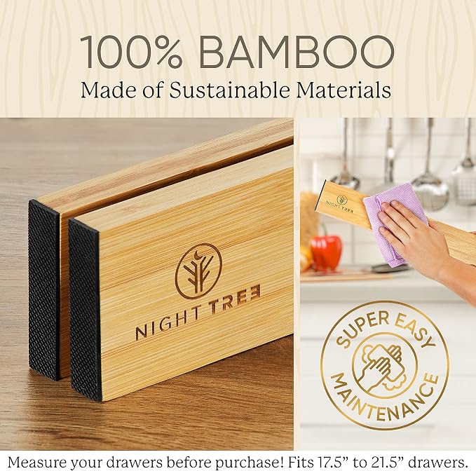 Night Tree Expandable Bamboo Drawer Dividers – drawer separators for Clothes, Kitchen Utensils, Bathroom, and Dresser Drawers (17.5" to 21.5")