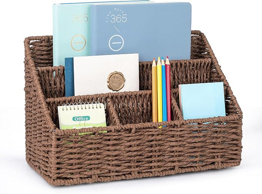 DINGTAI Rattan Desk Organizer, Tabletop Mail Holder, 5 Slot Mail Organizer Countertop Basket, Rattan Office Supplies, Boho Office Desk Accessories, Wicker Desk Organizer, Magazine Holder（Brown）