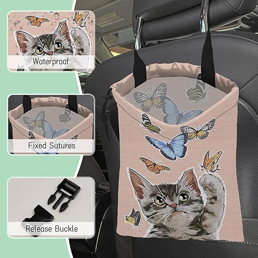 Cute Cat Car Garbage Bag,Flying Butterflies Waterproof Small Car Trash Bag Hanging Back of Seat,Drawstring Hanging Car Trash Bag with Adjustable Buckle for Car Accessories