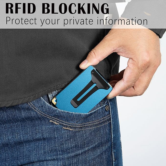 Slim Wallet for Men,RFID Blocking Minimalist Metal Wallet, Money Clip/Cash Holder, Front Pocket Aluminum Credit Card Holder, Ideal Gift for Men,Matt Dark Blue