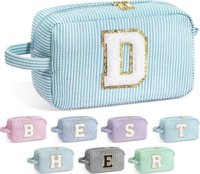 YOOLIFE Birthday Gifts for 6 7 8 9 10 11 12 13 14 15 Year Old Teen Girl - Initial Makeup Bag Letter Toiletry Pouch Cosmetic Case, Personalized Teen Girl Gifts Trendy Stuff Party Favor, Light Blue D
