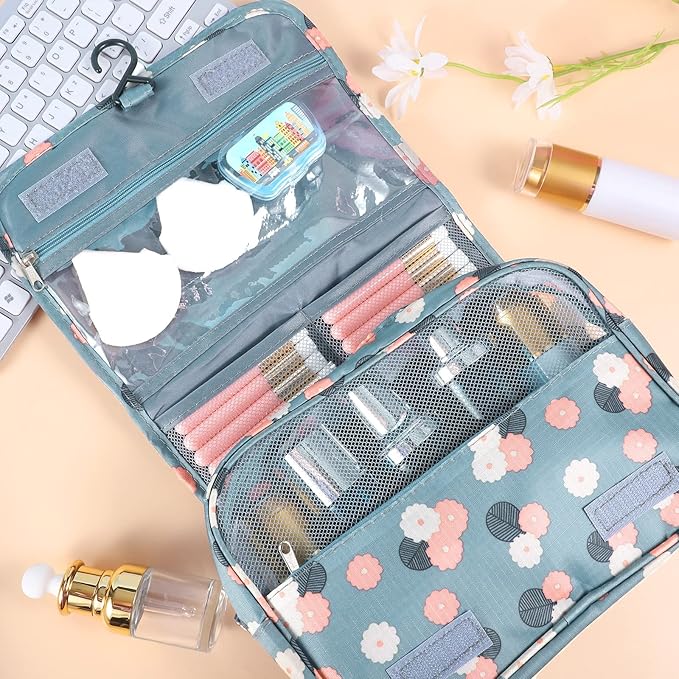 Pengxiaomei Hanging Toiletry Bag, White & Pink Little Flowers Waterproof Cosmetic Bag Portable Travel Makeup Pouch Wash Bag with Handle for Kids Girls Mothers Day Gifts