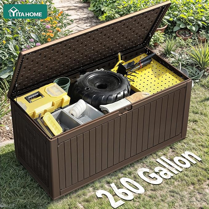 YITAHOME 260 Gallon Extra Large Deck Box, Double-Wall Resin Outdoor Storage Box with Flexible Divider for Patio Cushions Pool Supplies Garden Tools, 1000lbs Load Capacity, Lockable&Waterproof (Brown)