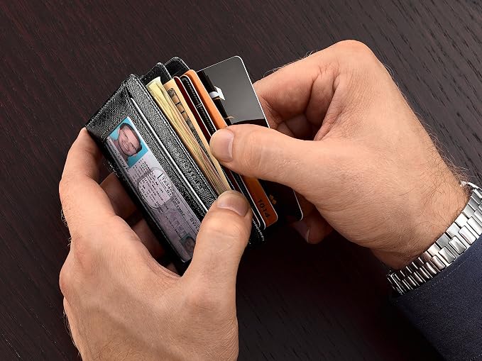 Compact RFID Sleeve Wallet Premium Leather Minimalist Money Clip Card Holder 10 Cards