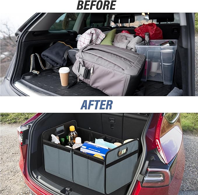 Simple Deluxe Car Trunk Organizer with Lid, Collapsible 2 Compartment 50L Automotive Storage Box with 5 Pocket, 600D Waterproof Oxford Polyester, Non Slip Bottom, Grey-Green