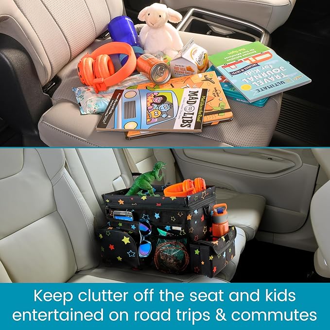 High Road CarHop Car Caddy Organizer with Road Trip Cooler, Car Cup Holder Bin, Sturdy Snack and Play Lid and 6 Organization and Storage Pockets, Starry Night