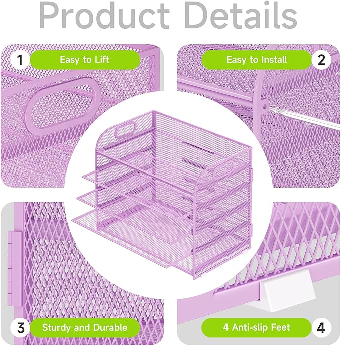 Cawukege 2 Pack 5 Tier Paper Organizer, Letter Tray with Handle, Mesh Desk Organizer, Metal File Organizer, Office Desk Accessories for Home, Office, Classroom, School -Purple