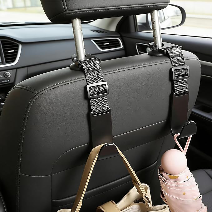 Amooca Adjustable Car Headrest Hooks, 4 Pack Universal Fit Vehicle Seat Back Organizer Hanger for Purse, Bags & Groceries, Black