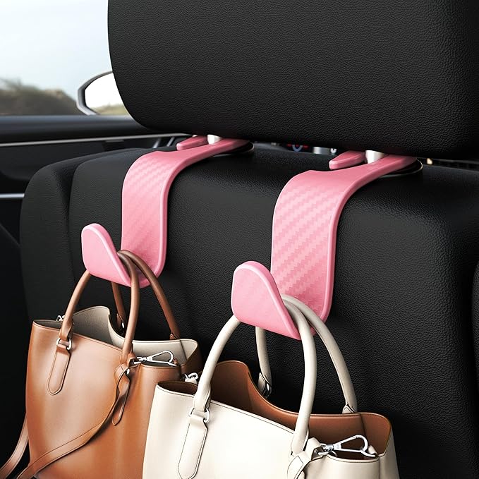 Amooca Car Seat Headrest Hook 4 Pack Hanger Universal Vehicle Car Storage Organizer for Handbag Purse Coat S Type Checkered Pink